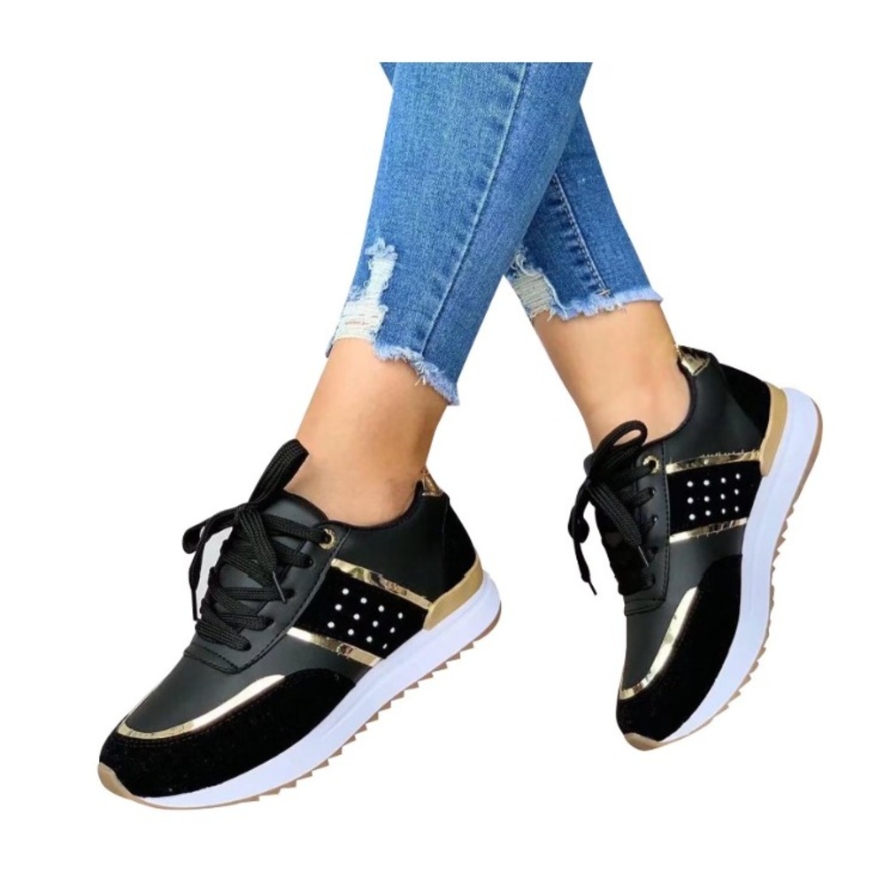 Unbranded Fashion Sneakers Women 7.5 Black Gold Metallic Rhinestone Low Top